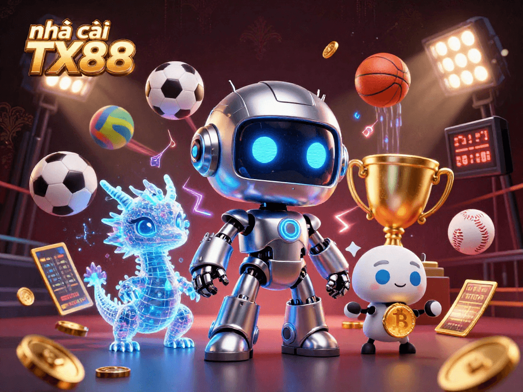 Engage with nhà cái TX88 through a vibrant 3D illustration of a cyberpunk mascot and sports elements.