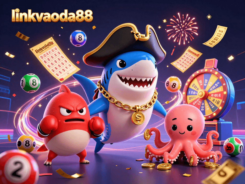 linkvaoda88 showcases a vibrant 3D casino scene with characters celebrating winnings and excitement in a lottery-themed setting