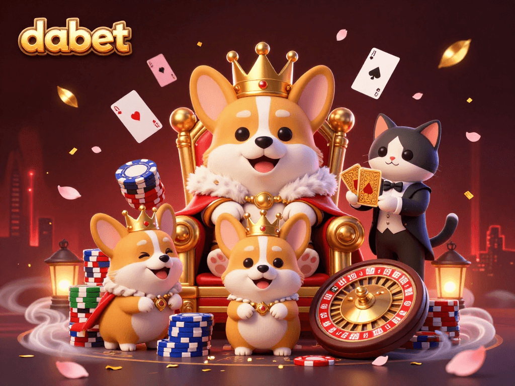 Engage with dabet's thrilling casino scene featuring a royal corgi and vibrant gaming elements.