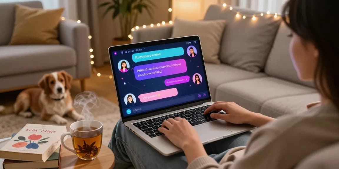 Cozy environment showcasing a user engaging in ai sex chat on a laptop, with vibrant chat interface and ambient lighting.