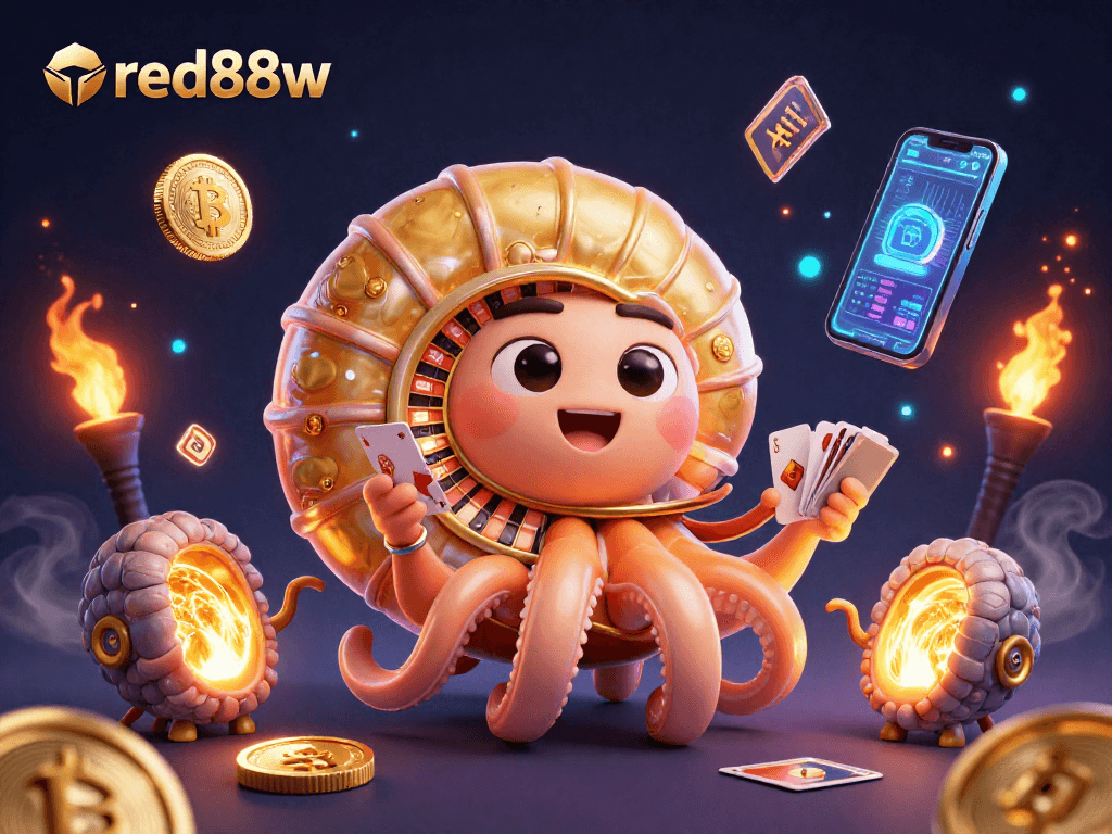Engage with red88w through dynamic gaming illustrated by a giant nautilus and glowing cryptocurrency elements.