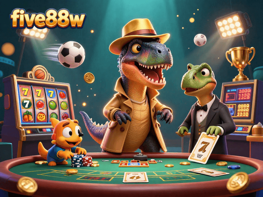 Bet at five88w with cartoon dinosaurs engaged in thrilling slots action and sports betting.