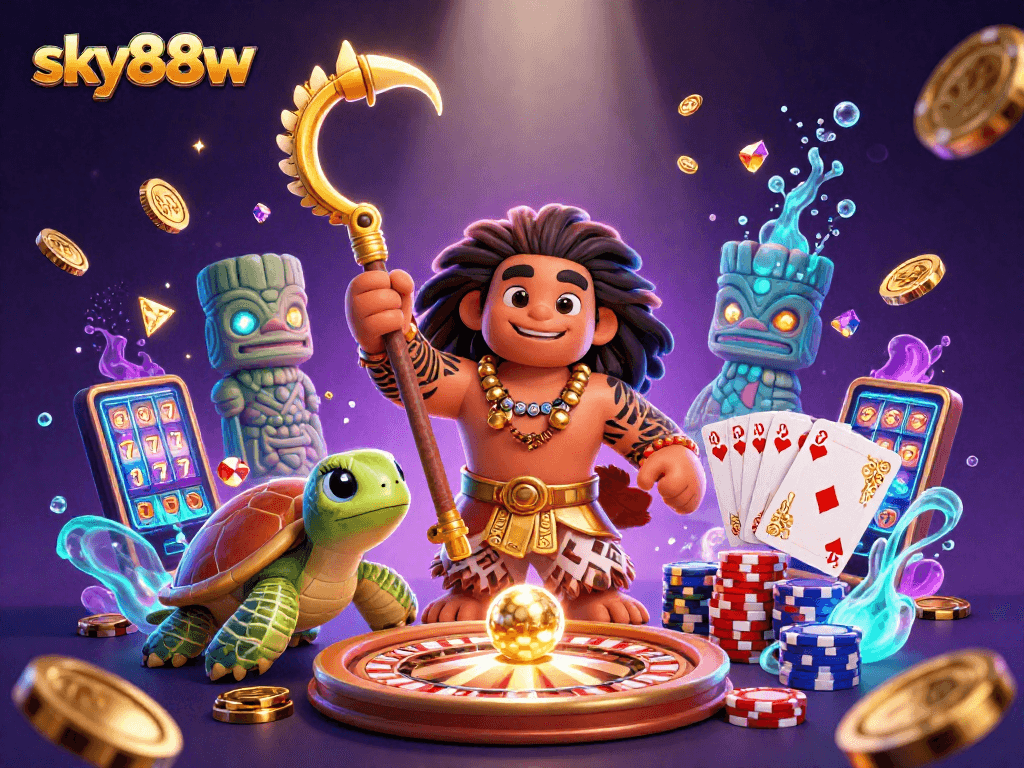 Engage with sky88w and experience thrilling slot machine action in a vibrant, lively casino scene.