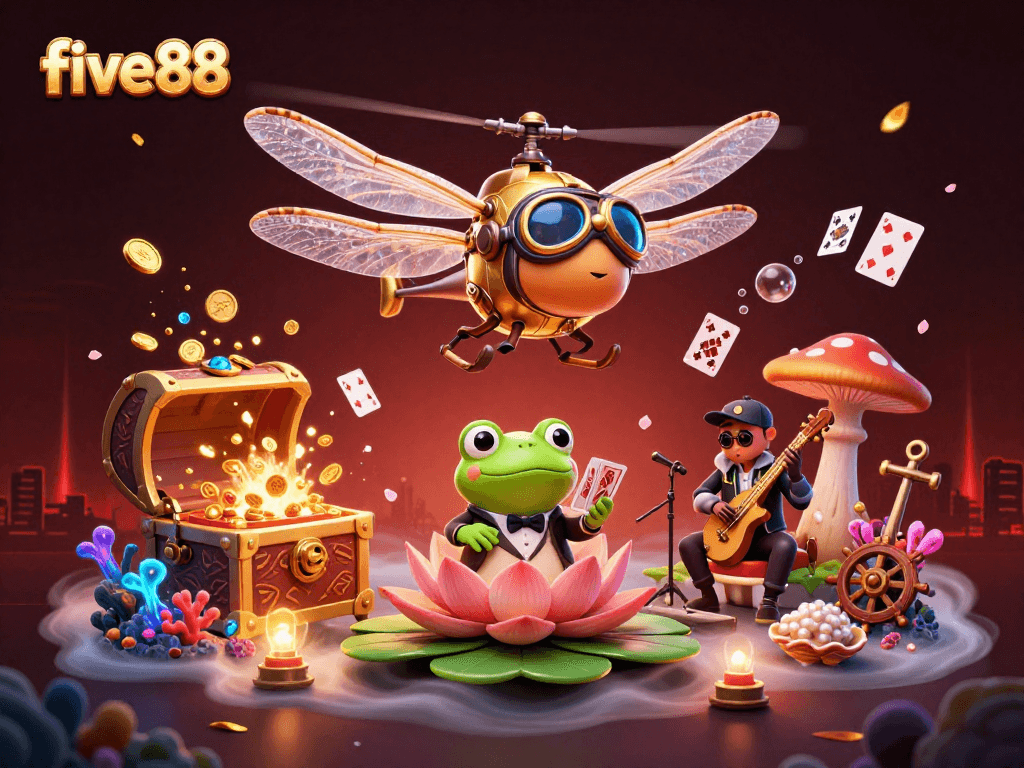 five88 casino scene with 3D dragonfly pilot, frog dealer, and unique gambling elements