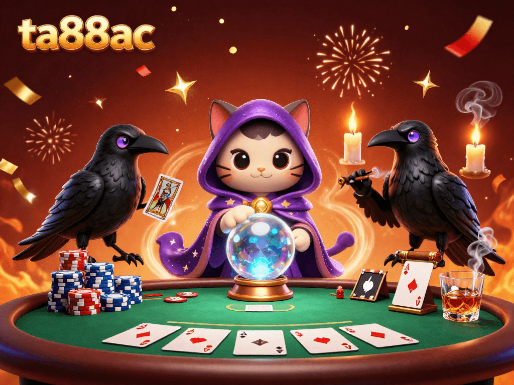 Engage with ta88ac through an enchanting 3D casino scene featuring a mystical cat and raven.