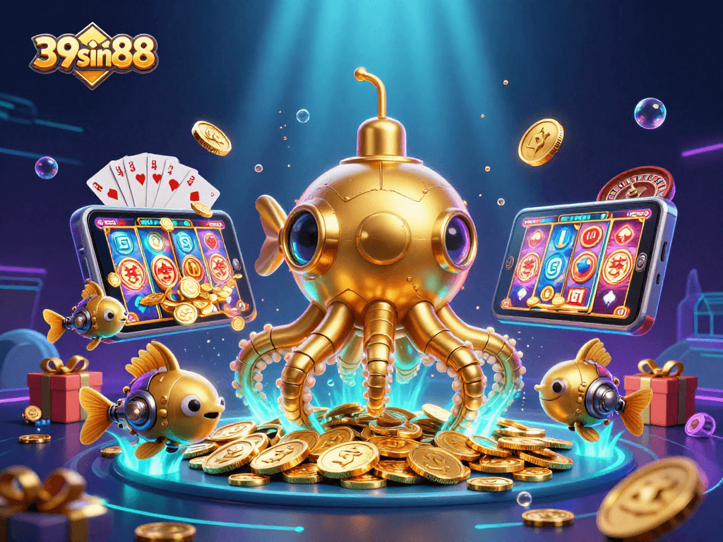 Engage with 39sin88's vibrant underwater casino action featuring a golden kraken submarine and lively game elements.
