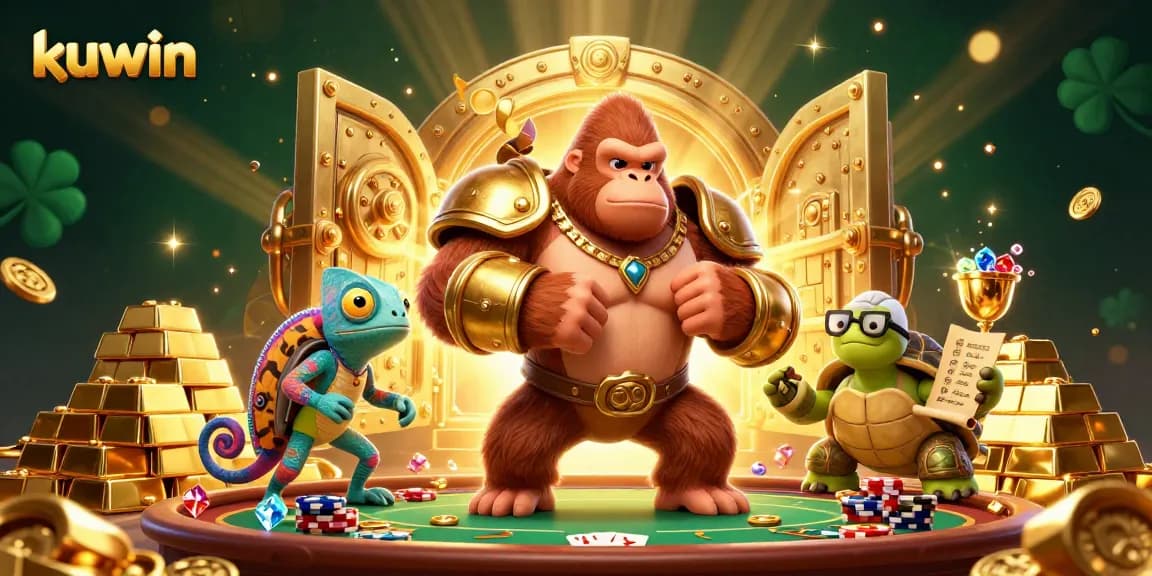 Kuwin game night featuring a powerful gorilla in armor, poker table, and golden treasures.