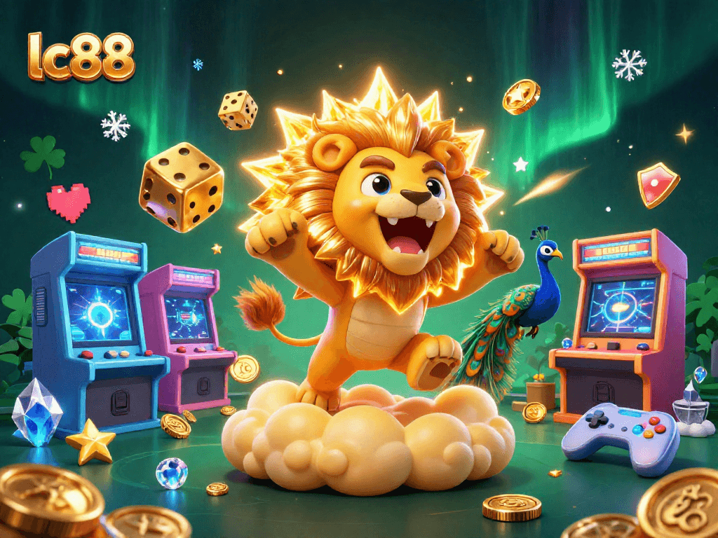 Engage with lc88's vibrant casino games featuring a roaring sun lion and golden dice.