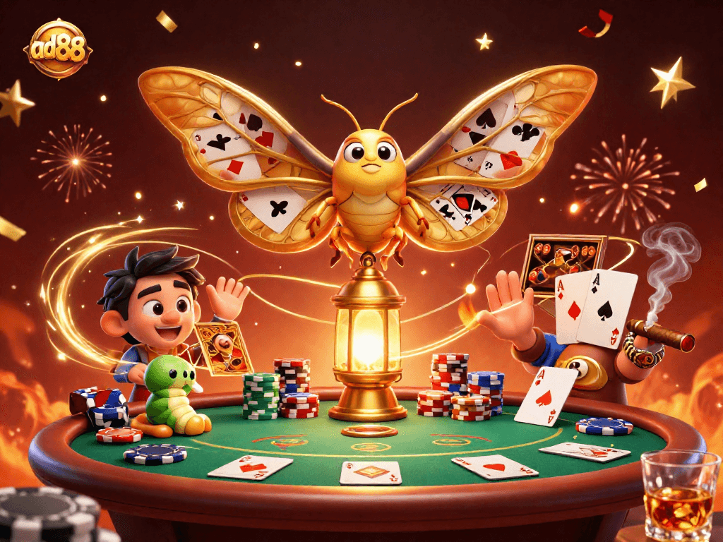 Experience the excitement of ad88 with a vibrant 3D casino scene showcasing poker elements and colorful celebrations.