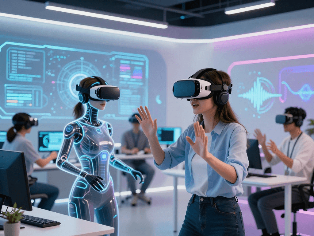 AI roleplay in a modern workspace with users engaged with avatars and digital interfaces.