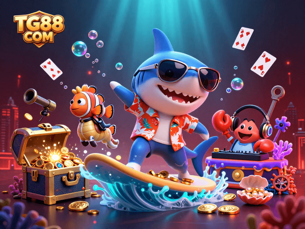 Experience the thrill of gaming at TG88 COM with vibrant underwater characters and rich casino elements.