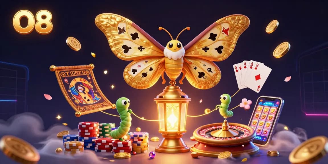 Experience O8 with vibrant casino scenes featuring a moth with golden wings and dynamic gaming elements.