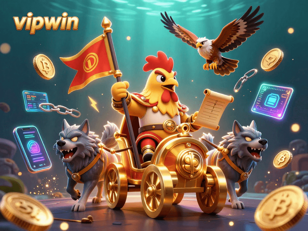 Experience the thrilling world of vipwin with a dynamic 3D cartoon scene featuring gaming elements and crypto.
