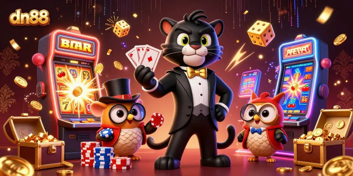 Engage with dn88’s lively casino scene featuring a tuxedoed panther dealer amidst an explosive jackpot theme.
