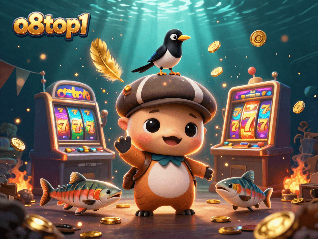Play slots and spin for wins with o8top1 featuring a cute Nessie and gold tokens.