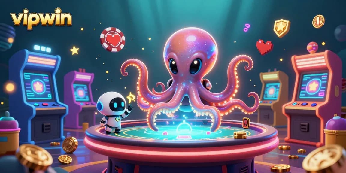Join the action at vipwin with an alien octopus playing holographic poker surrounded by vibrant arcade elements.