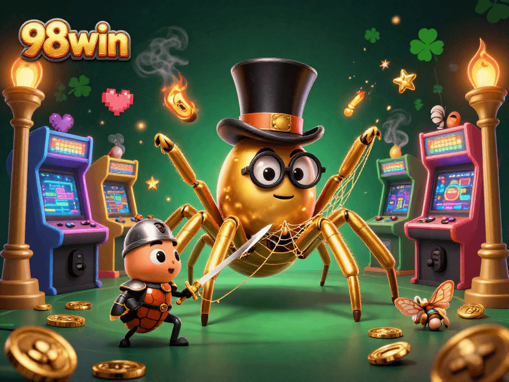 Engage with the thrilling 98win casino experience, surrounded by a vibrant web of gaming elements.