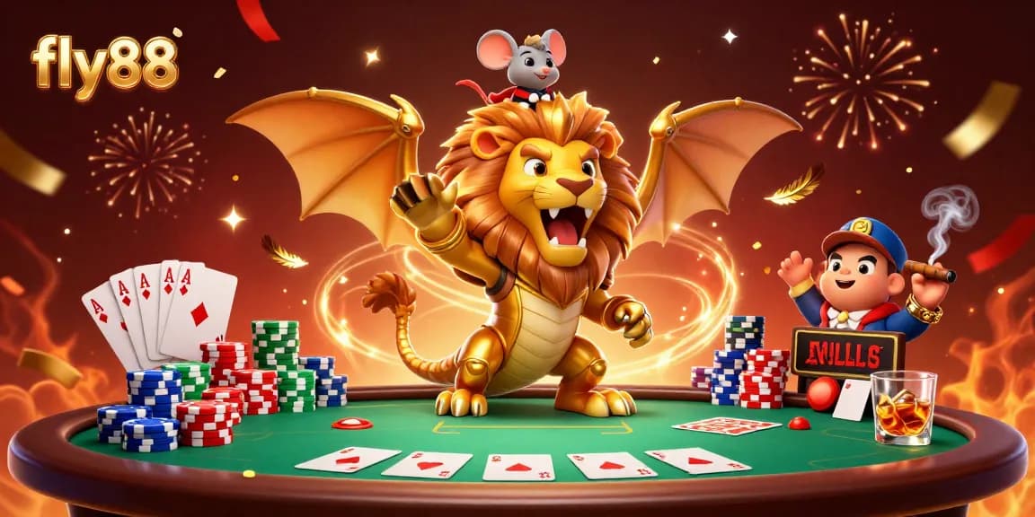 Experience the thrill of fly88 with a vibrant 3D chimera creature and poker elements.