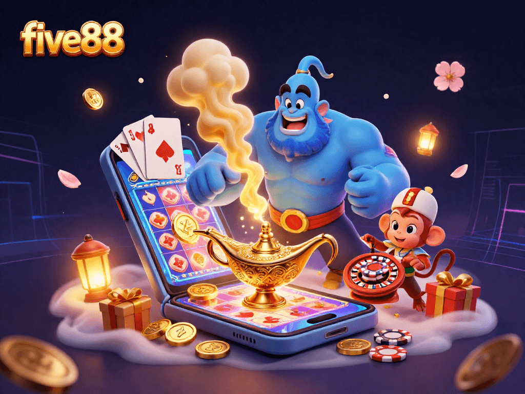 Experience the magic of five88 slots with a genie, monkey, and poker chips in an exciting casino scene.