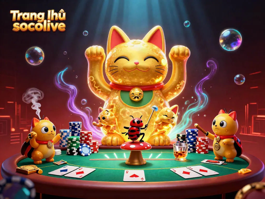 Experience Trang chủ socolive's exciting casino atmosphere with golden fireflies and poker elements.