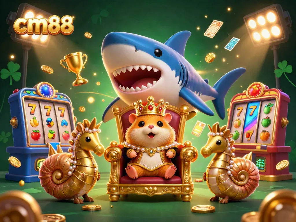 Experience thrilling cm88 casino action with a golden hamster king, surrounded by dynamic slot gaming elements.