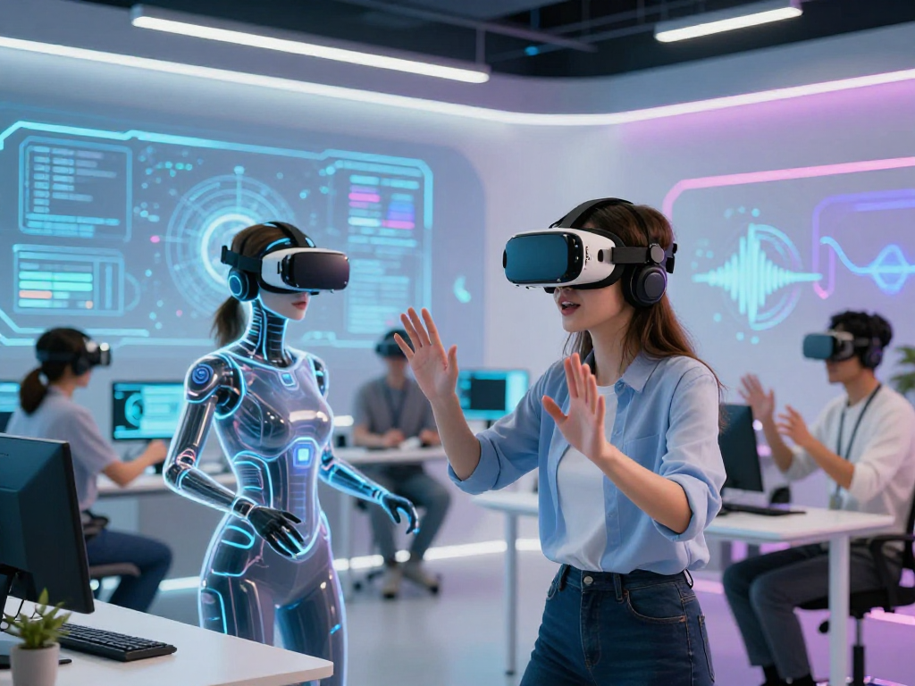AI roleplay in a modern workspace with users engaged with avatars and digital interfaces.