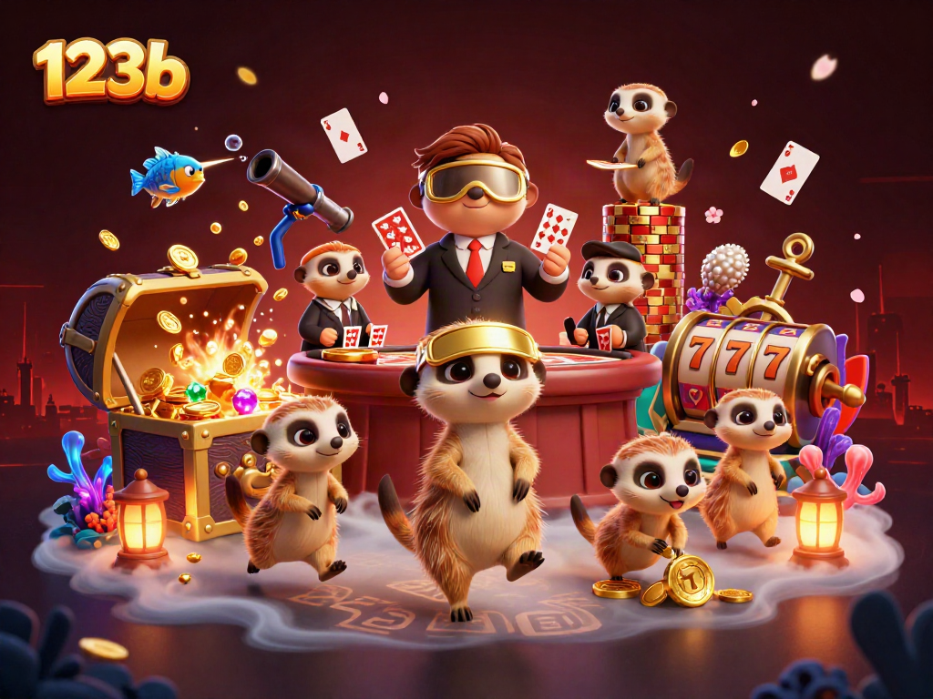 Engage with the vibrant casino operations of 123b featuring playful meerkats amidst fun gaming elements.