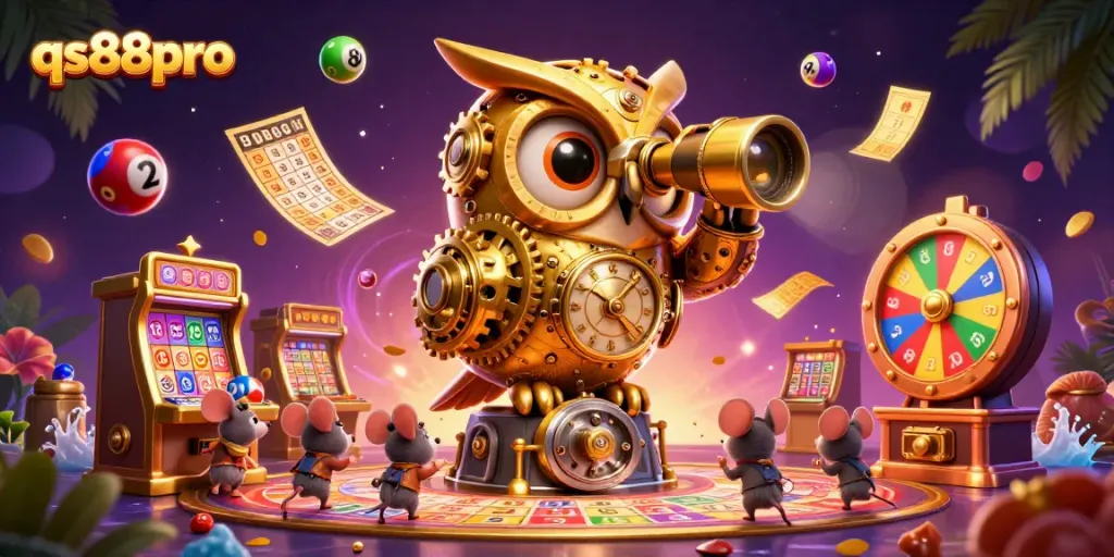 Engage with qs88pro's dynamic casino scene featuring a golden owl and lively gaming elements.