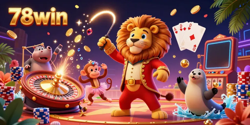 Experience fun and excitement with 78win's thrilling casino games enhanced by vibrant characters and dynamic elements.