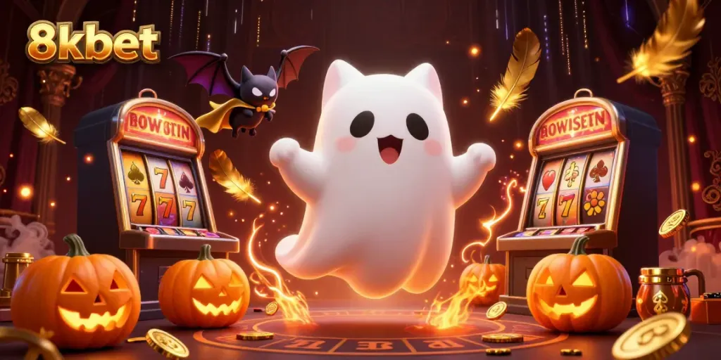Engage in thrilling games at 8xbet with a ghost cat in a haunted casino scene.