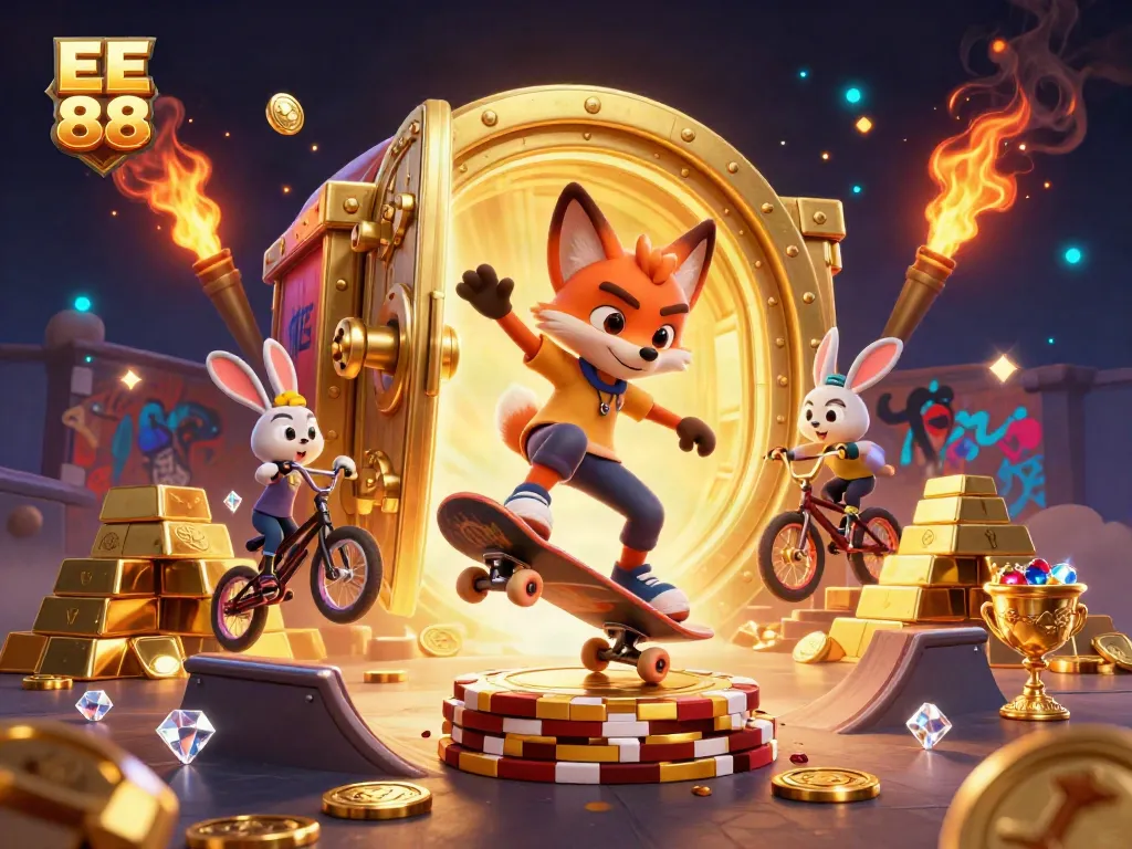 Experience the thrill of EE 88 with a skateboarder fox and BMX rabbit in a vibrant casino scene.