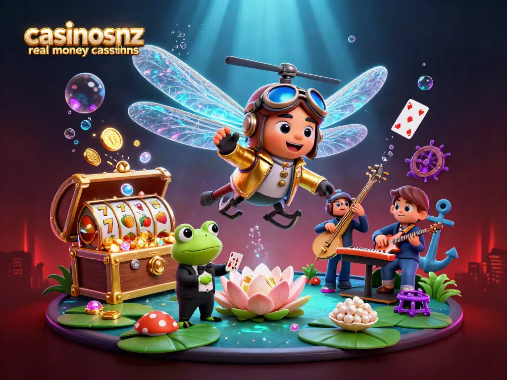 Engage at casinosnz real money casinos with immersive 3D gaming illustrations showcasing vibrant characters and casino themes.