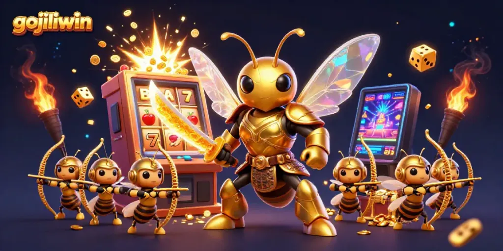 Engage with gojiliwin's thrilling casino experience illustrated by a golden hornet warrior amid dynamic slot action.