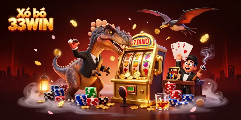 Xổ số 33WIN jackpot excitement with colorful slot machines and casino characters in an animated scene