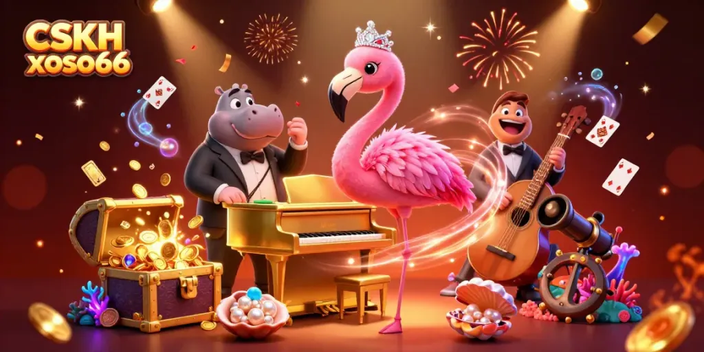 Engage with CSKH xoso66 through a vibrant casino-themed illustration featuring dynamic characters and rich game elements.