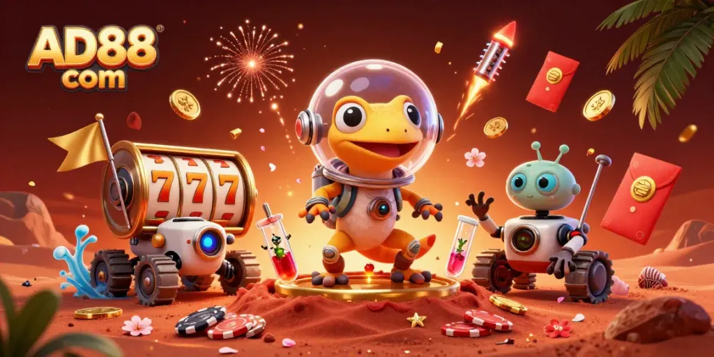 Spin to win at AD88 com with a vibrant Martian casino scene filled with rich gaming elements.