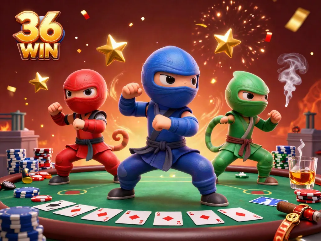 Engage with the thrilling world of 36 WIN as chameleon ninjas showcase poker skills amidst a dynamic casino setting.