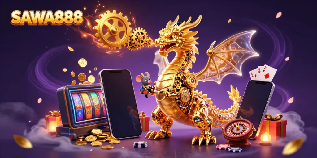 Engage with SAWA888's immersive slot experience featuring a golden dragon and interactive gaming elements.