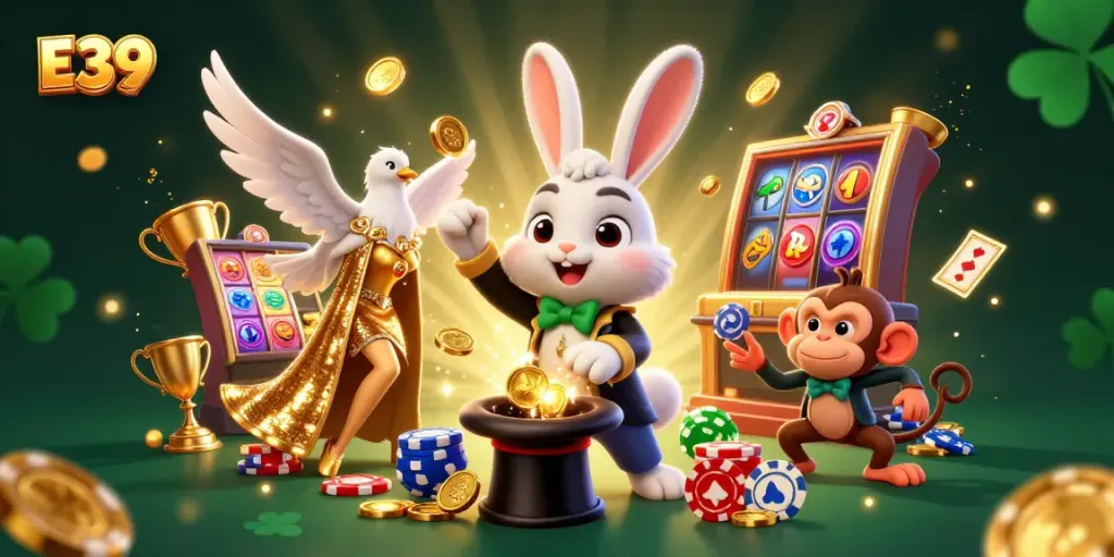 E39 showcases a vibrant casino scene with a magician rabbit pulling coins, engaging players in online gaming.