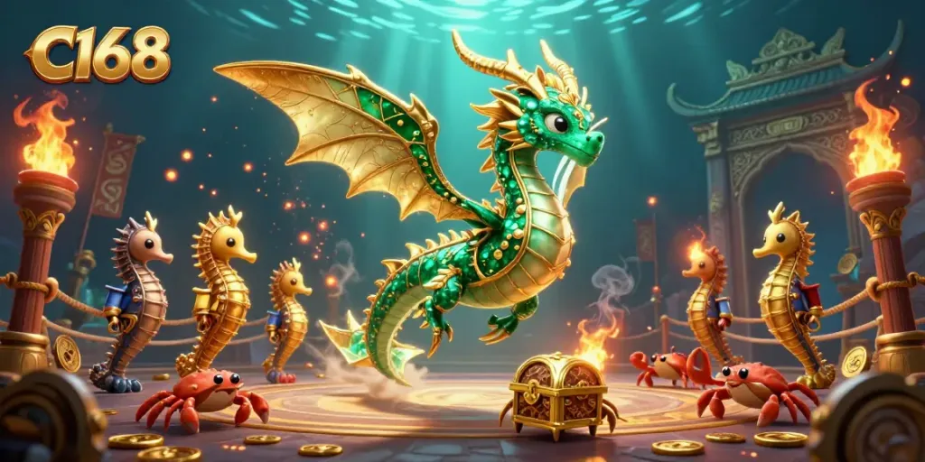 C168 gaming illustration with an emerald sea dragon and a treasure chest, symbolizing casino excitement.