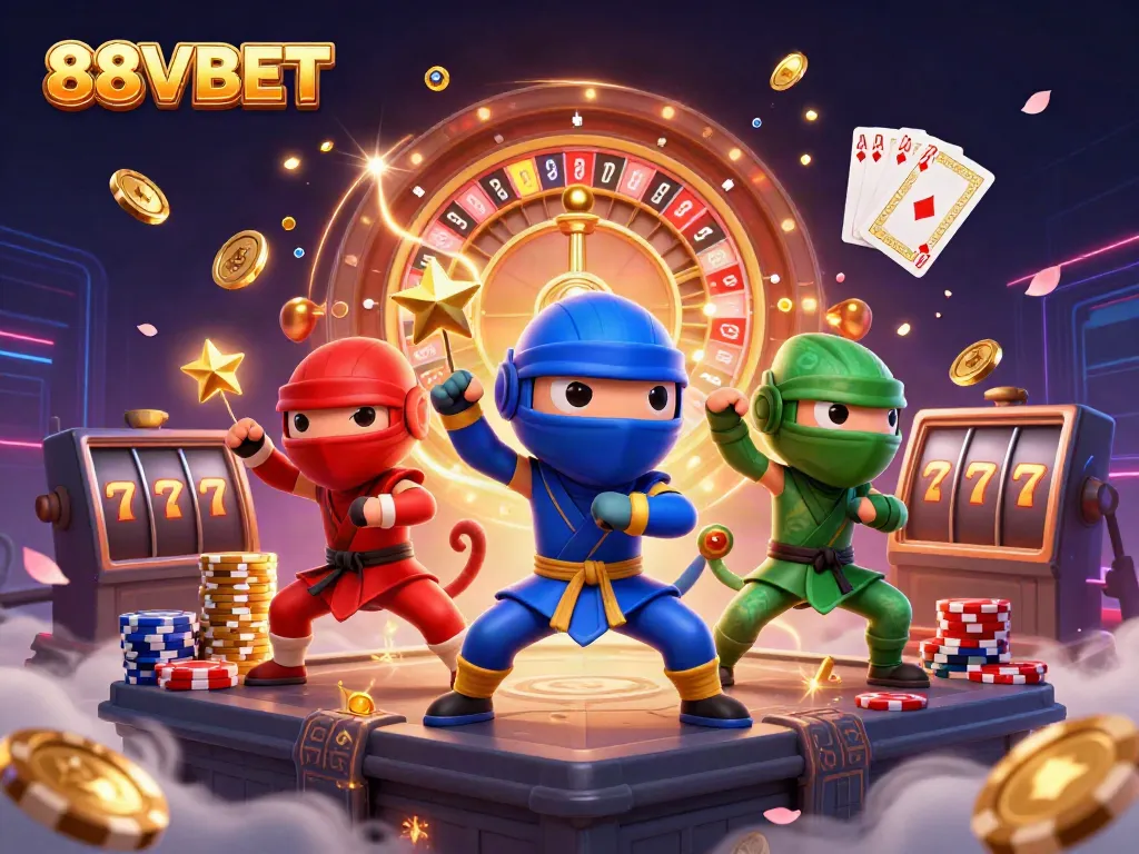 Experience thrilling action with chameleon ninjas in a vibrant 88VBET casino scene.