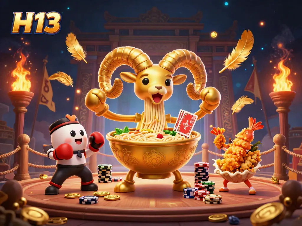 Engage with H 13 in a vibrant 3D casino scene filled with colorful characters and dynamic gaming elements