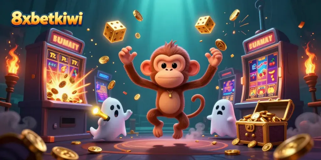 Experience the thrilling world of 8xbetkiwi with a vibrant casino scene featuring a playful ghost monkey and a curious puppy.