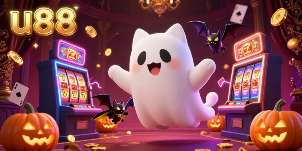 Win big at u88 with a ghost cat and vampire bat in a haunted casino scene.