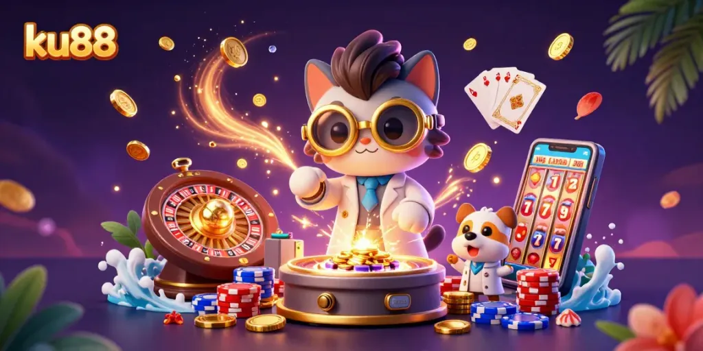 ku88 slots explode with golden coins and gems in a lively 3D casino scene.