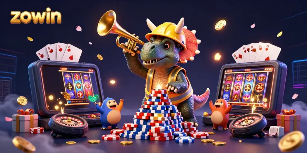 Zowin gaming scene with a triceratops and parasaurolophus celebrating amid poker chips and slot games.