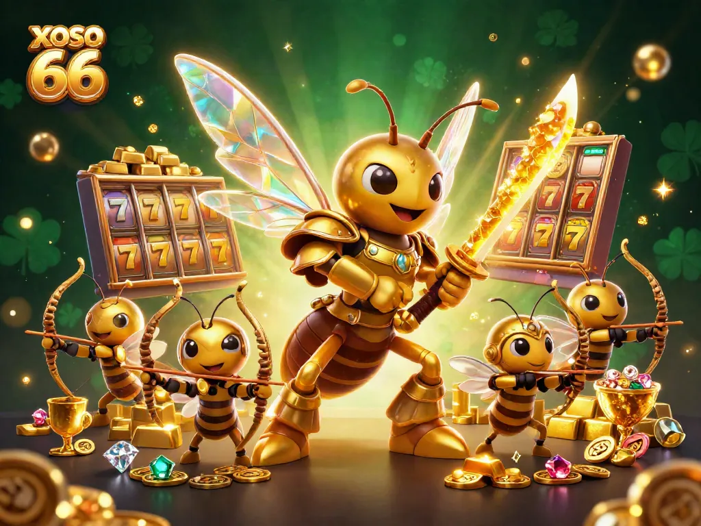 XOSO 66 showcases a vibrant scene where a fantastical hornet and bee archers celebrate slot machine victories with gold and gems.