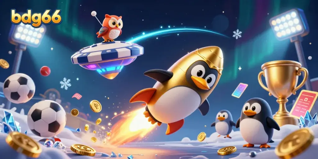 Experience the action of bdg66 with a golden penguin and sports elements in a dynamic casino universe.