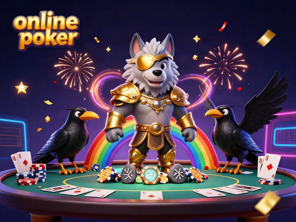 Experience the thrill of online poker with a vibrant illustration featuring poker elements and Norse mythology characters.