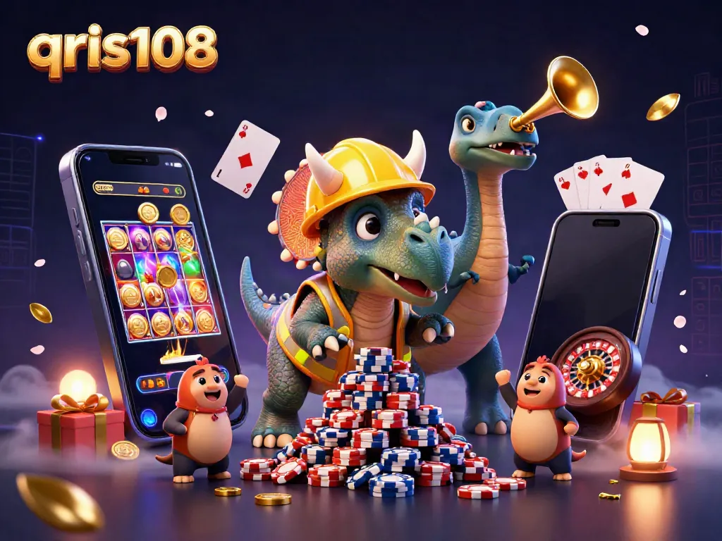 Pemangkasan poker chip oleh triceratops saat merayakan kemenangan bersama teman-teman dalam permainan QRIS108.